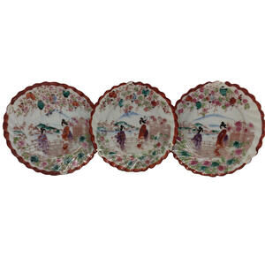 3 Hand Painted Japanese Kutani Small 6" Red Scalloped Eggshell Porcelain Plates
